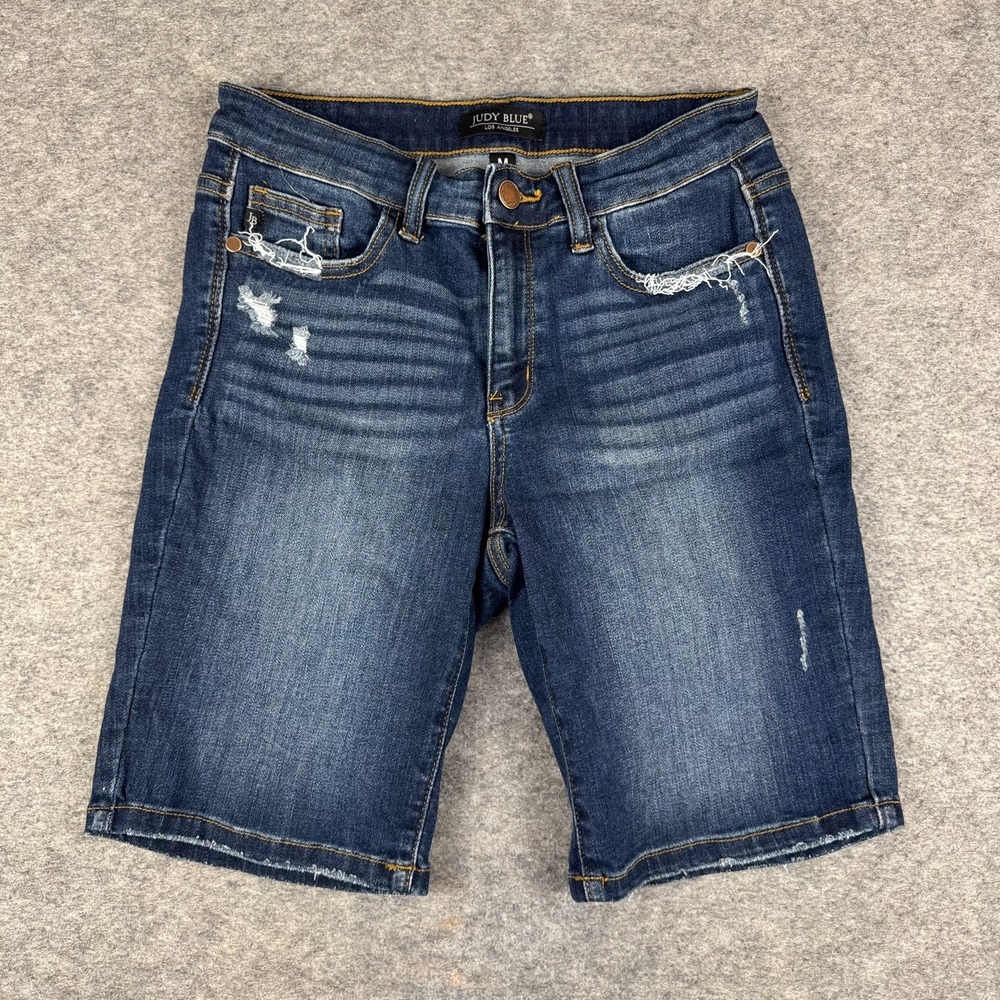Judy Blue Distressed Bermuda Denim Shorts 9" Blue Womens Medium M